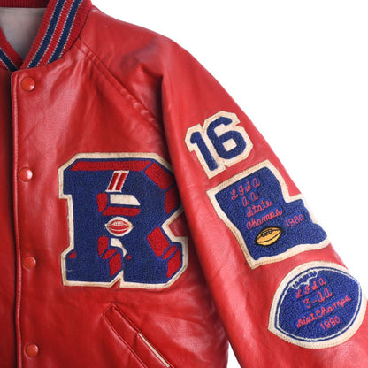 90s Red Leather College Heavy Varsity Jacket (S)