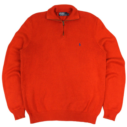 00s Polo Ralph Lauren Orange Heavy Knitted 1/4 Zip Jumper (M)