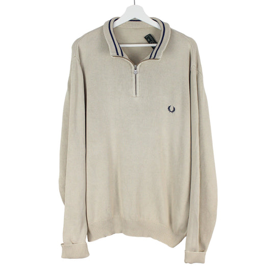 00s Fred Perry Cream Knitted 1/4 Zip Jumper (XL)