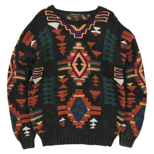 90s Navajo Black Heavy Chunky Knit Jumper (L)