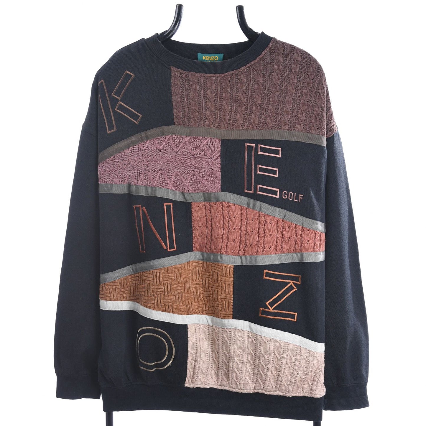 90s Kenzo Black/Brown Embroidered Knitted Jumper (L)