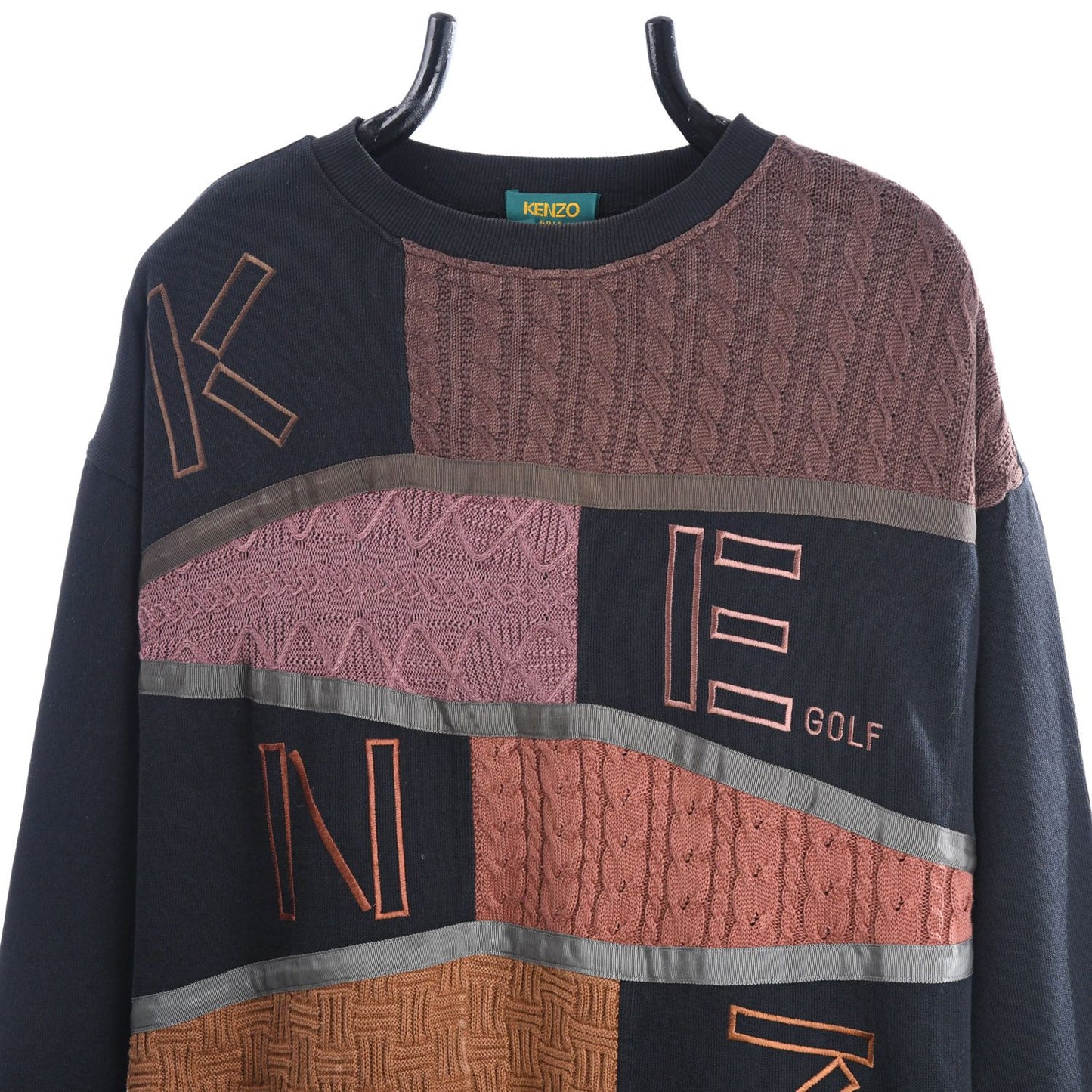 90s Kenzo Black/Brown Embroidered Knitted Jumper (L)