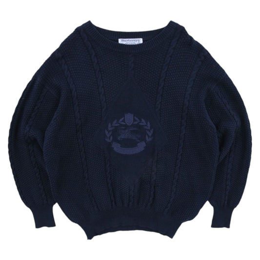 90s Burberrys Navy Embroidered Knit Jumper (L)