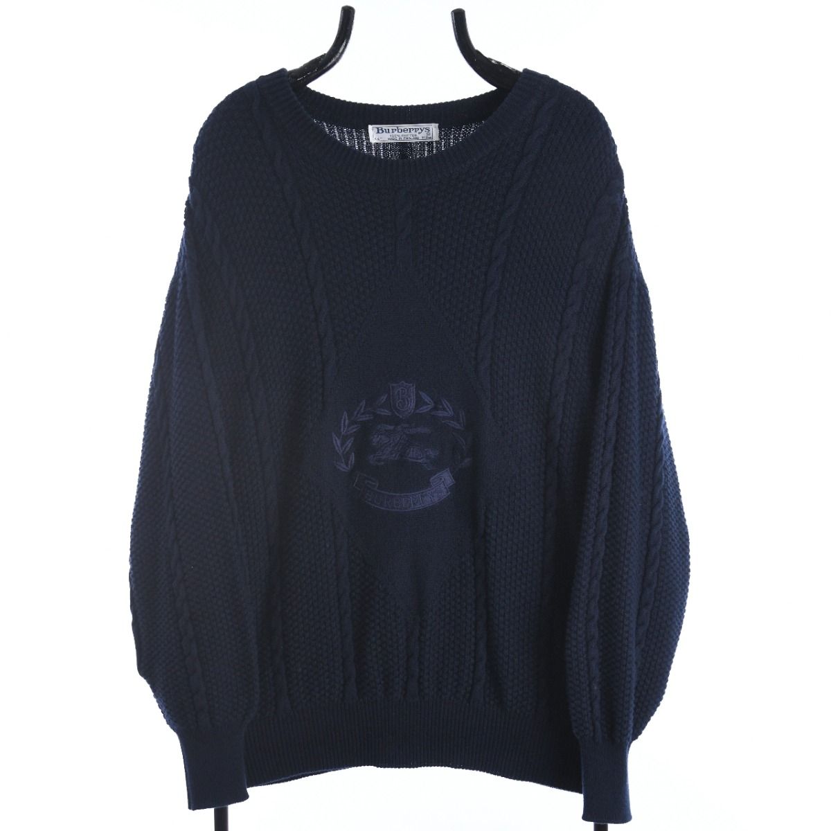 90s Burberrys Navy Embroidered Knit Jumper (L)