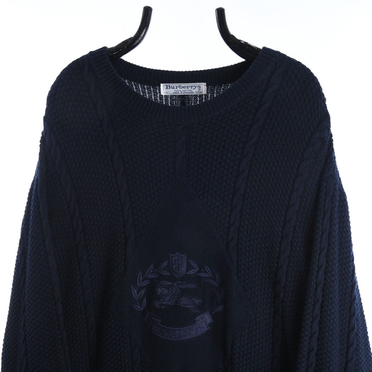 90s Burberrys Navy Embroidered Knit Jumper (L)