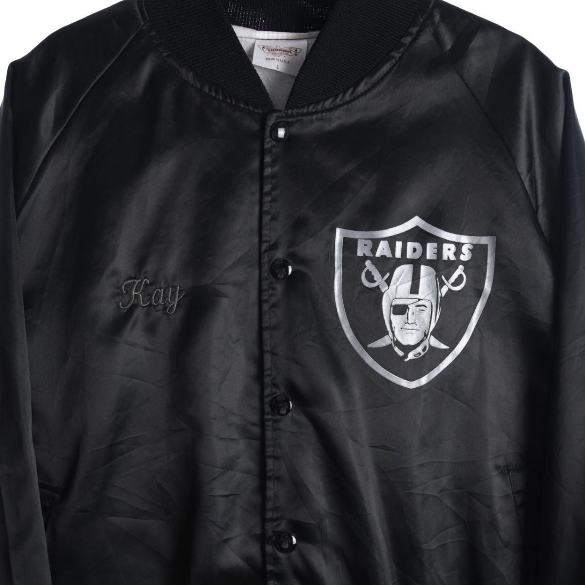 90s Oakland Raiders Black Satin Thin Varsity Jacket (M)