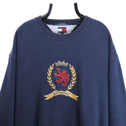 90s Tommy Hilfiger Navy Embroidered Sweatshirt (XL)